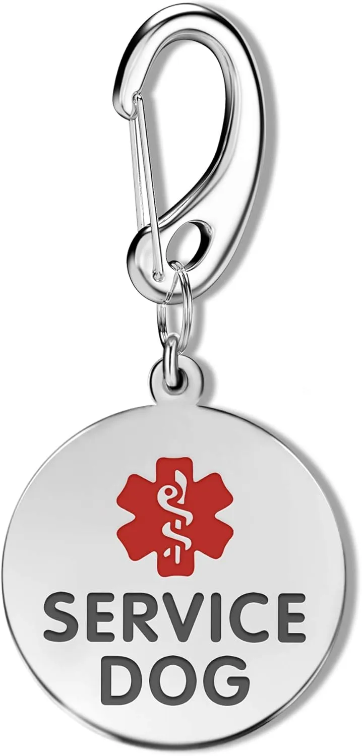 1.25" Stainless Steel Double Sided Service Dog Medical Alert Tag w/Hard Enamel and Quick Clip - Attach to Dog Collar or Harness Quickly and Securely