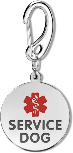 1.25" Stainless Steel Double Sided Service Dog Medical Alert Tag w/Hard Enamel and Quick Clip - Attach to Dog Collar or Harness Quickly and Securely