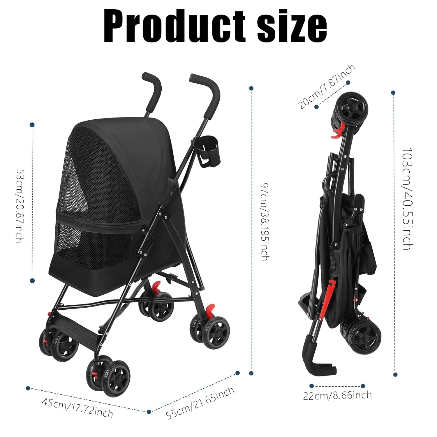 4 Wheel Pet Stroller for Small and Medium Dogs, Collapsible Cage Jogger Stroller with Sun Shade Mat and Rear Storage Bag, Breathable Visual Mesh Construction Black