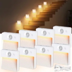 8 Pack Rechargeable Motion Sensor Stair Light for Indoor, RGBW Battery Operated Closet Lights, Stick On Night Lamp, Motion Activated Magnetic Lighting Lamps for Step,Cabinet,Hallway,Bathroom