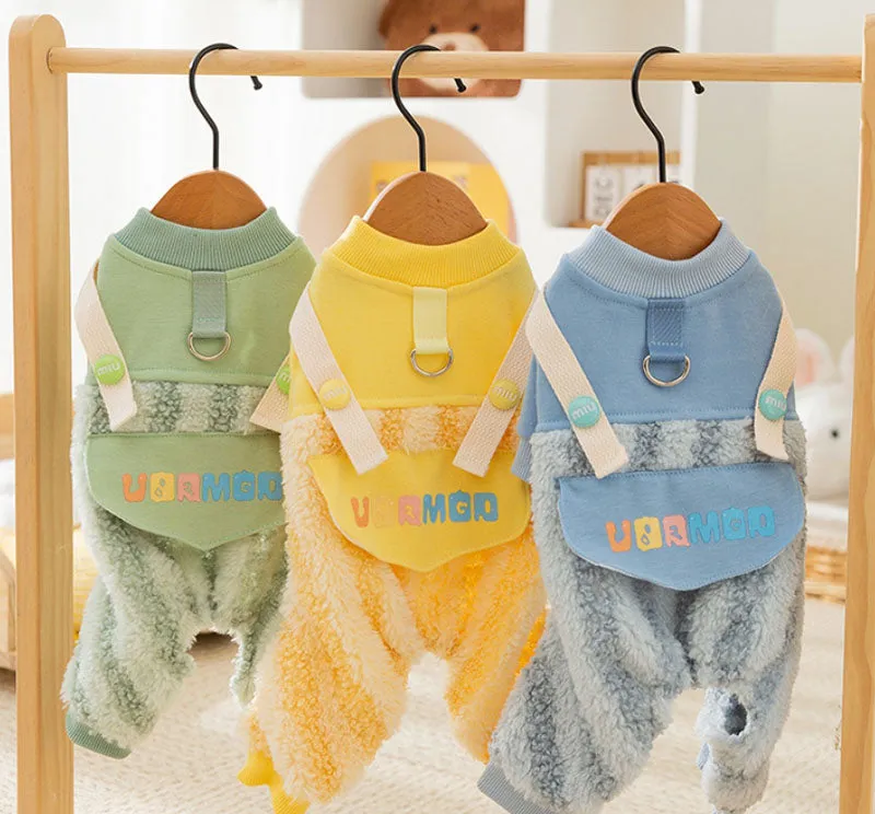 Autumn and winter dog thick warm moon rainbow striped four-legged overalls cat Teddy Bichon pet clothes