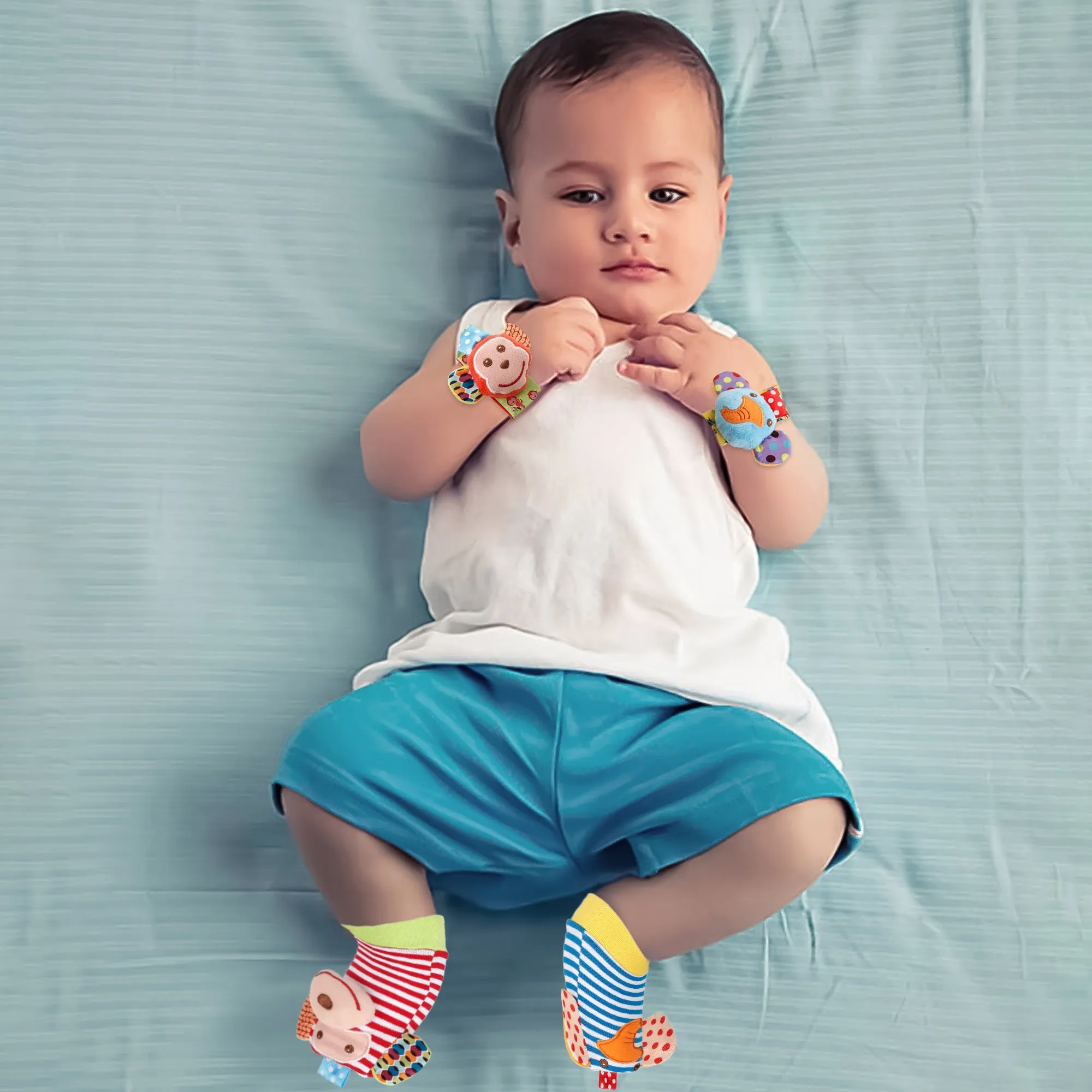 Baby Moo Elephant And Monkey Multicolour Set of 4 Socks And Wrist Rattle