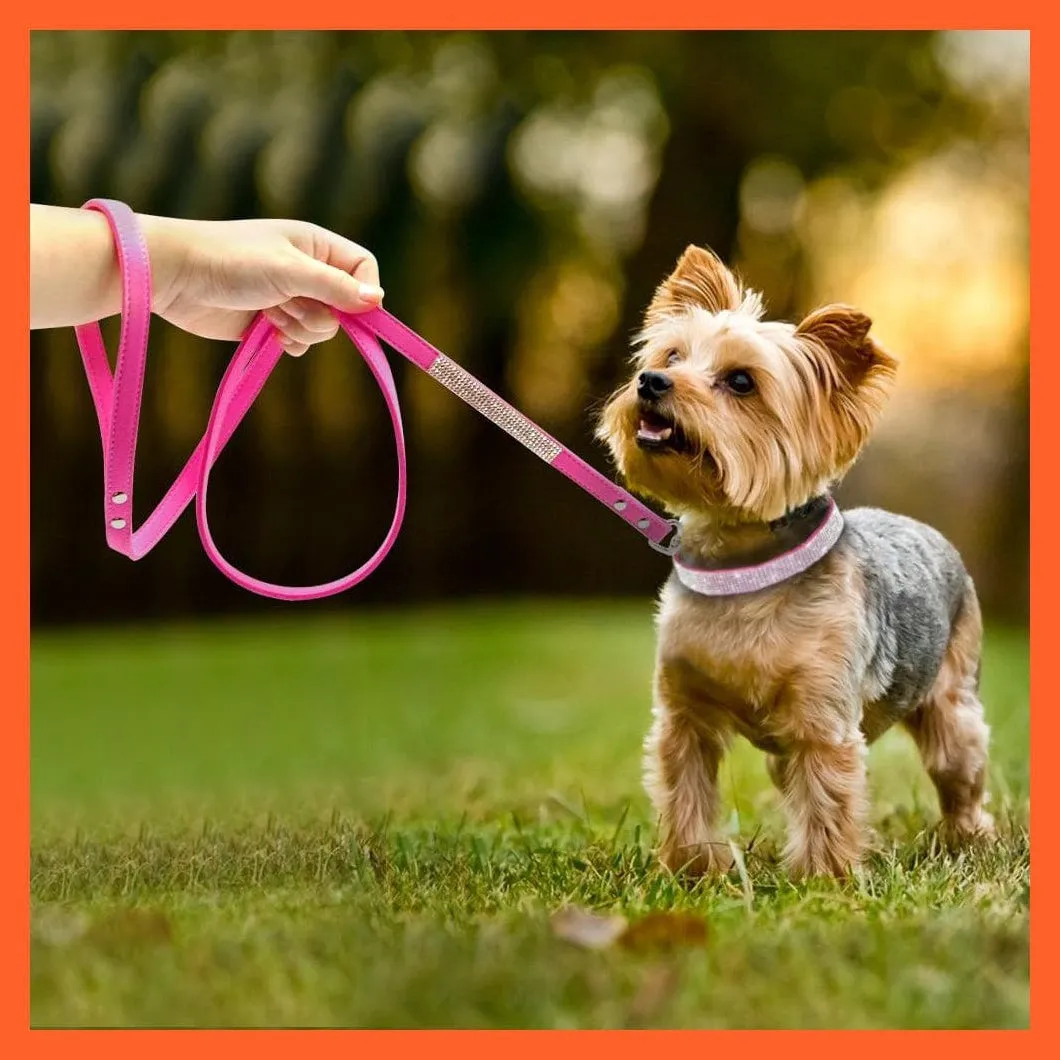 Bling Suede Leather Rhinestone Dog Cat Collars | Pet Puppy Kitten Collar Walk Leash Lead | For Small Medium Dogs Cats