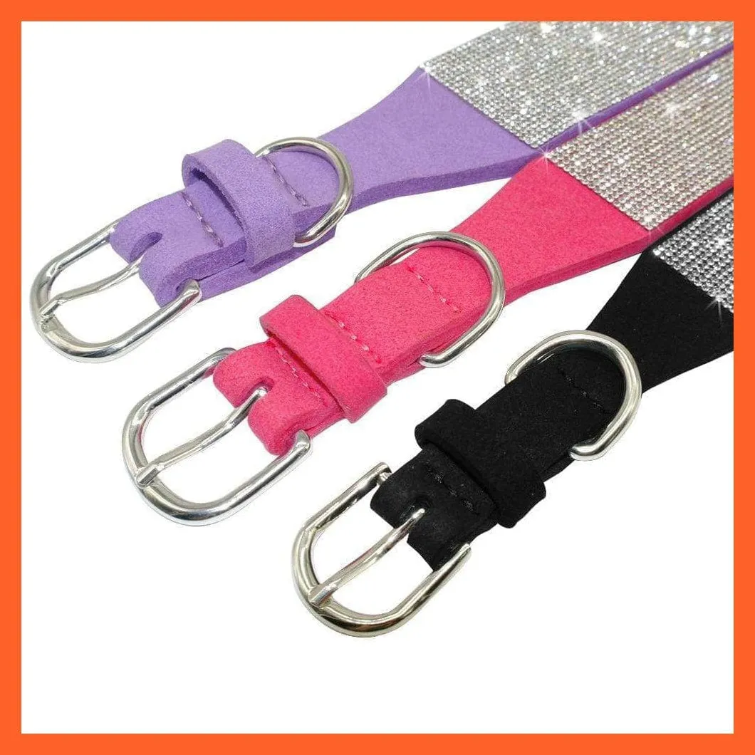 Bling Suede Leather Rhinestone Dog Cat Collars | Pet Puppy Kitten Collar Walk Leash Lead | For Small Medium Dogs Cats