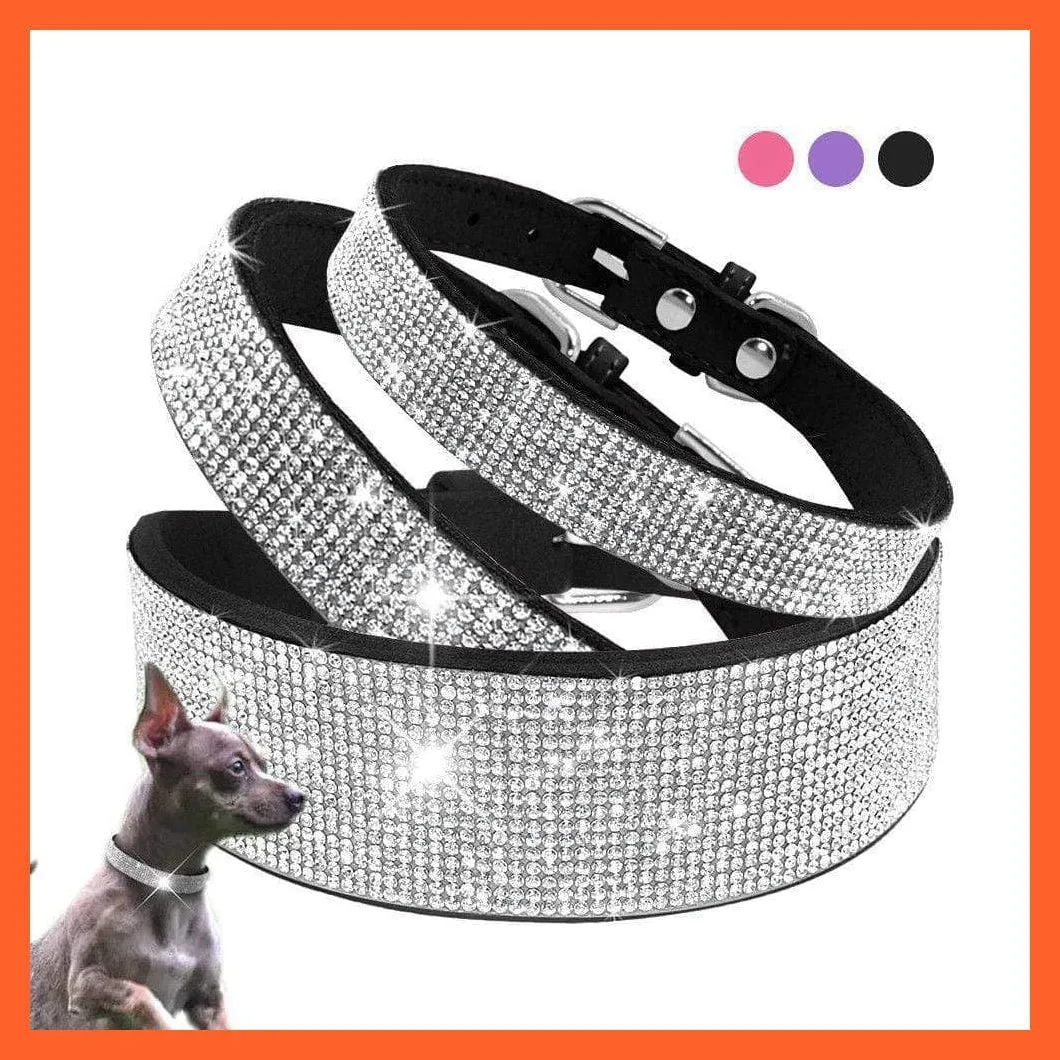 Bling Suede Leather Rhinestone Dog Cat Collars | Pet Puppy Kitten Collar Walk Leash Lead | For Small Medium Dogs Cats