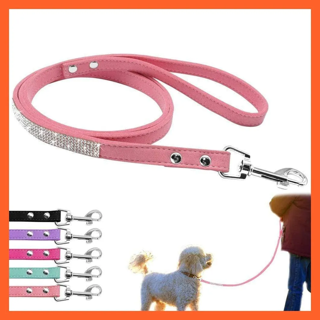 Bling Suede Leather Rhinestone Dog Cat Collars | Pet Puppy Kitten Collar Walk Leash Lead | For Small Medium Dogs Cats