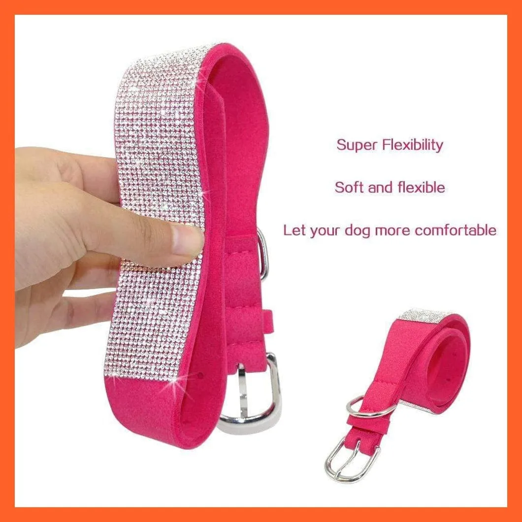 Bling Suede Leather Rhinestone Dog Cat Collars | Pet Puppy Kitten Collar Walk Leash Lead | For Small Medium Dogs Cats