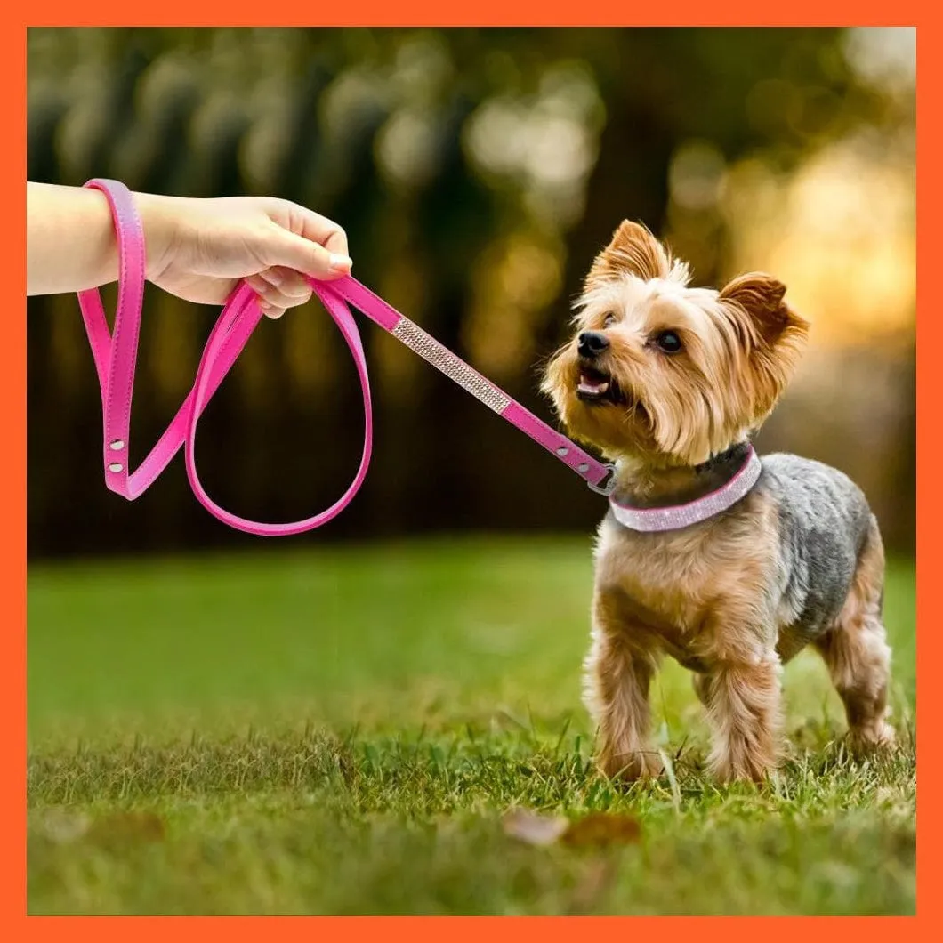 Bling Suede Leather Rhinestone Dog Cat Collars | Pet Puppy Kitten Collar Walk Leash Lead | For Small Medium Dogs Cats