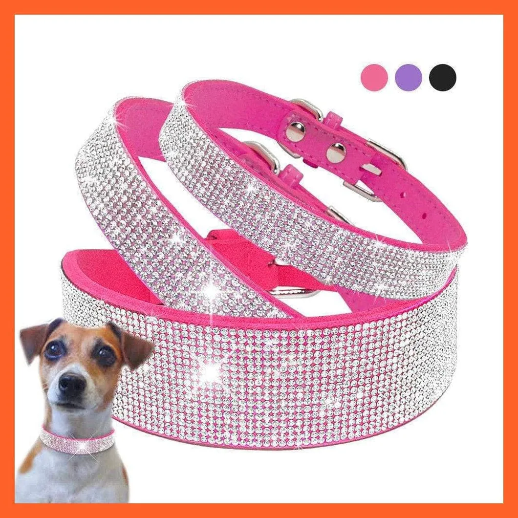 Bling Suede Leather Rhinestone Dog Cat Collars | Pet Puppy Kitten Collar Walk Leash Lead | For Small Medium Dogs Cats