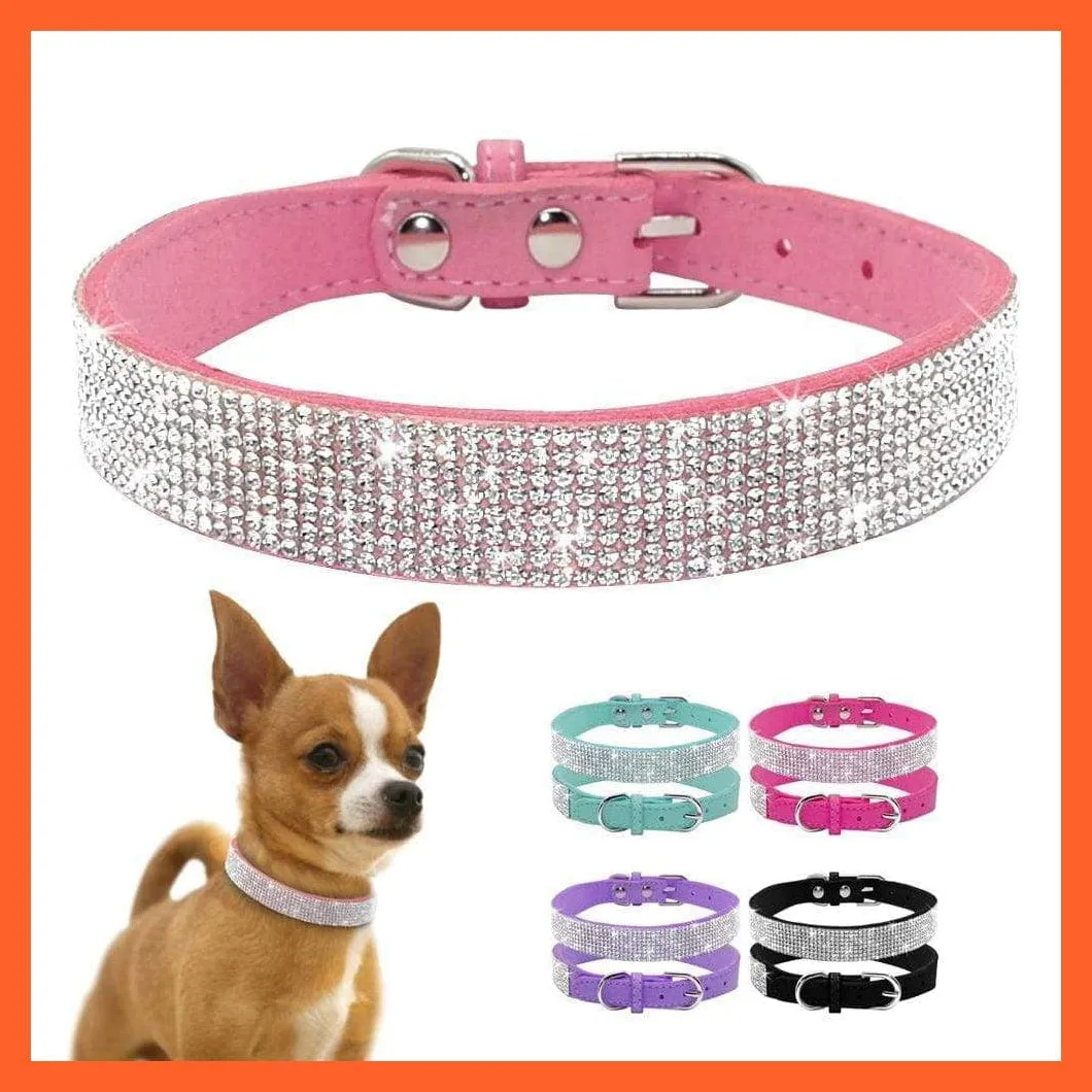 Bling Suede Leather Rhinestone Dog Cat Collars | Pet Puppy Kitten Collar Walk Leash Lead | For Small Medium Dogs Cats