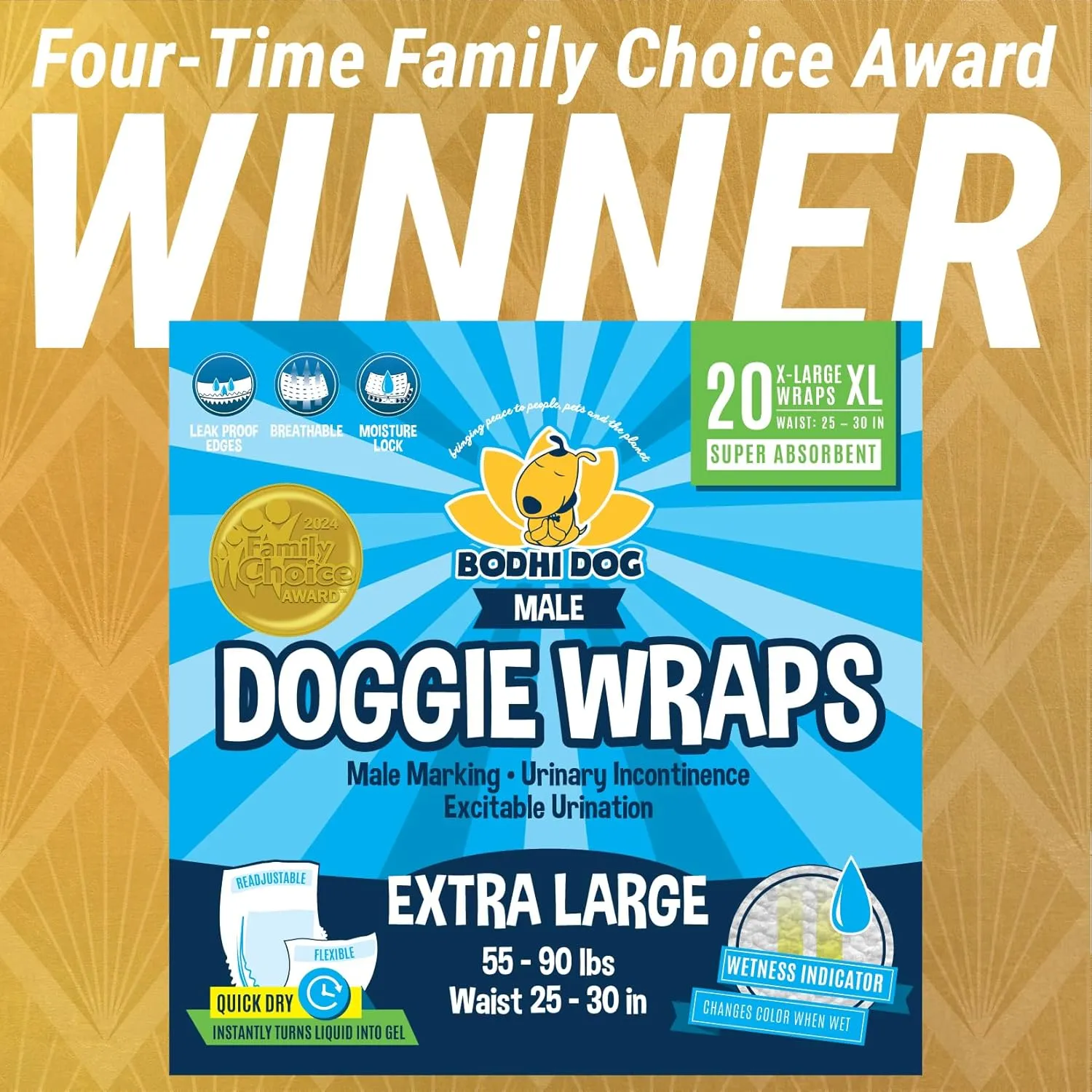 Bodhi Dog Disposable Male Dog Diapers - Super Absorbent, Leak-Proof Pee Wraps - Adjustable Fit, Comfortable Design, Advanced Moisture Control, and Wetness Indicator - Extra Large (20 Count)
