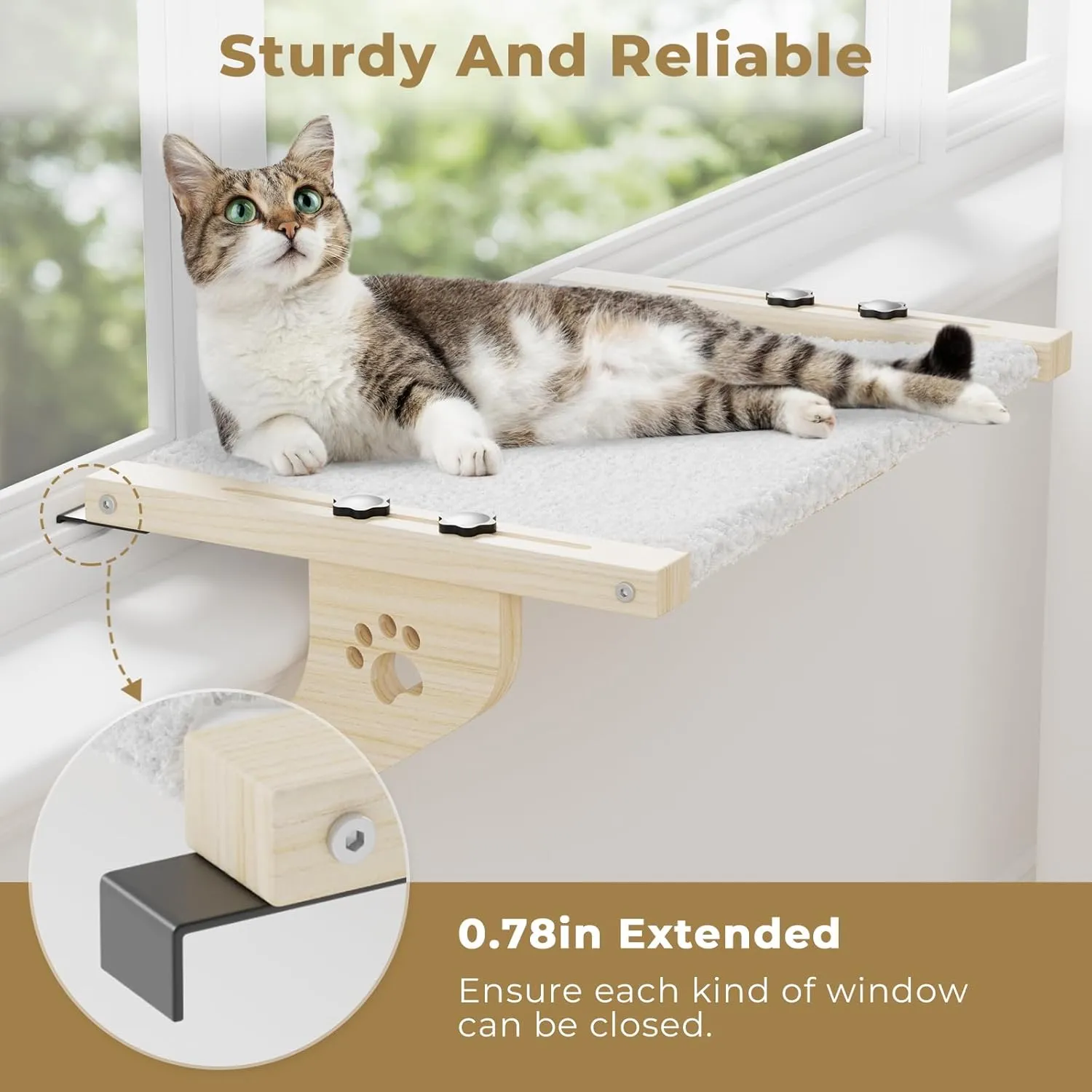 Cat Window Perch With Wood & Metal Frame for Large Cats - Adjustable Hammock for Windowsill, Bedside, Drawer and Cabinet (24.4'' - White Plush)