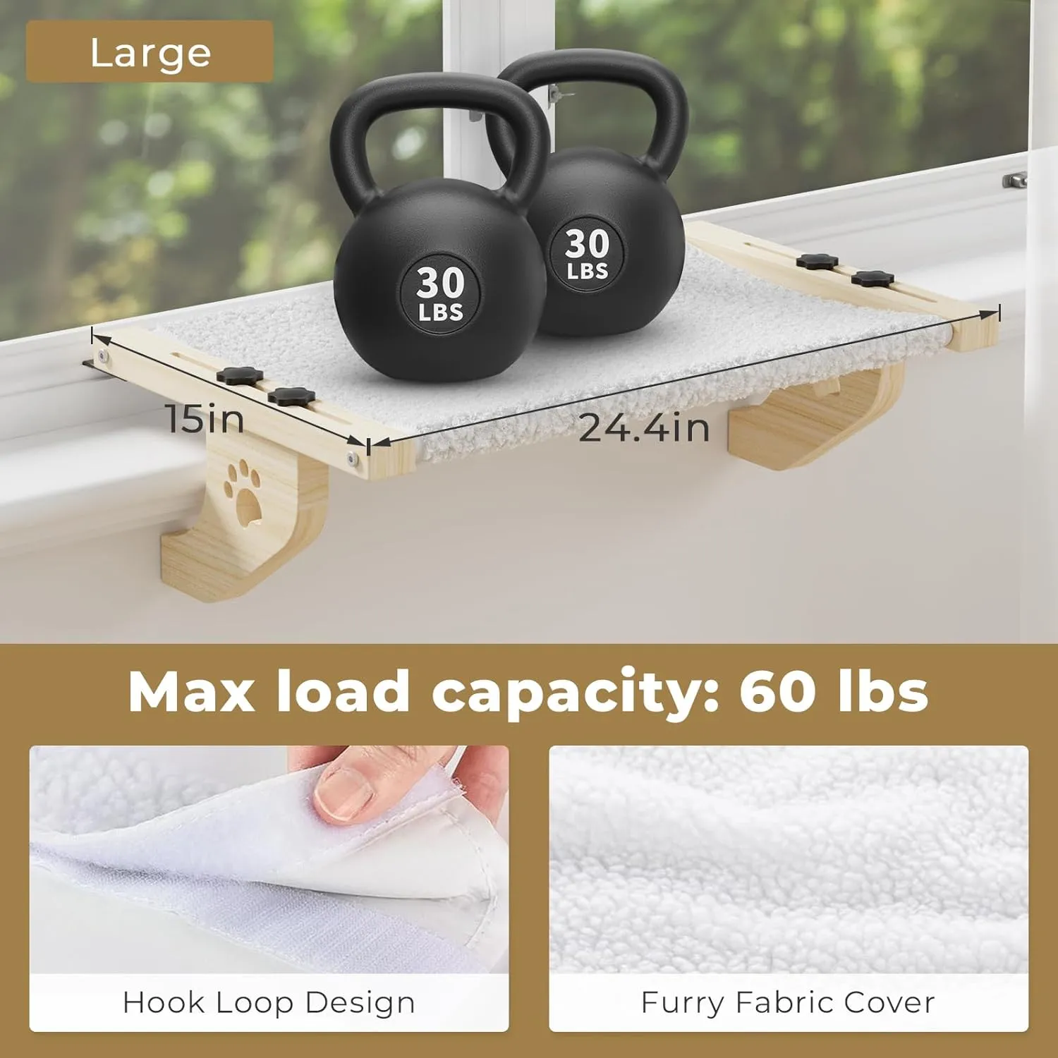 Cat Window Perch With Wood & Metal Frame for Large Cats - Adjustable Hammock for Windowsill, Bedside, Drawer and Cabinet (24.4'' - White Plush)