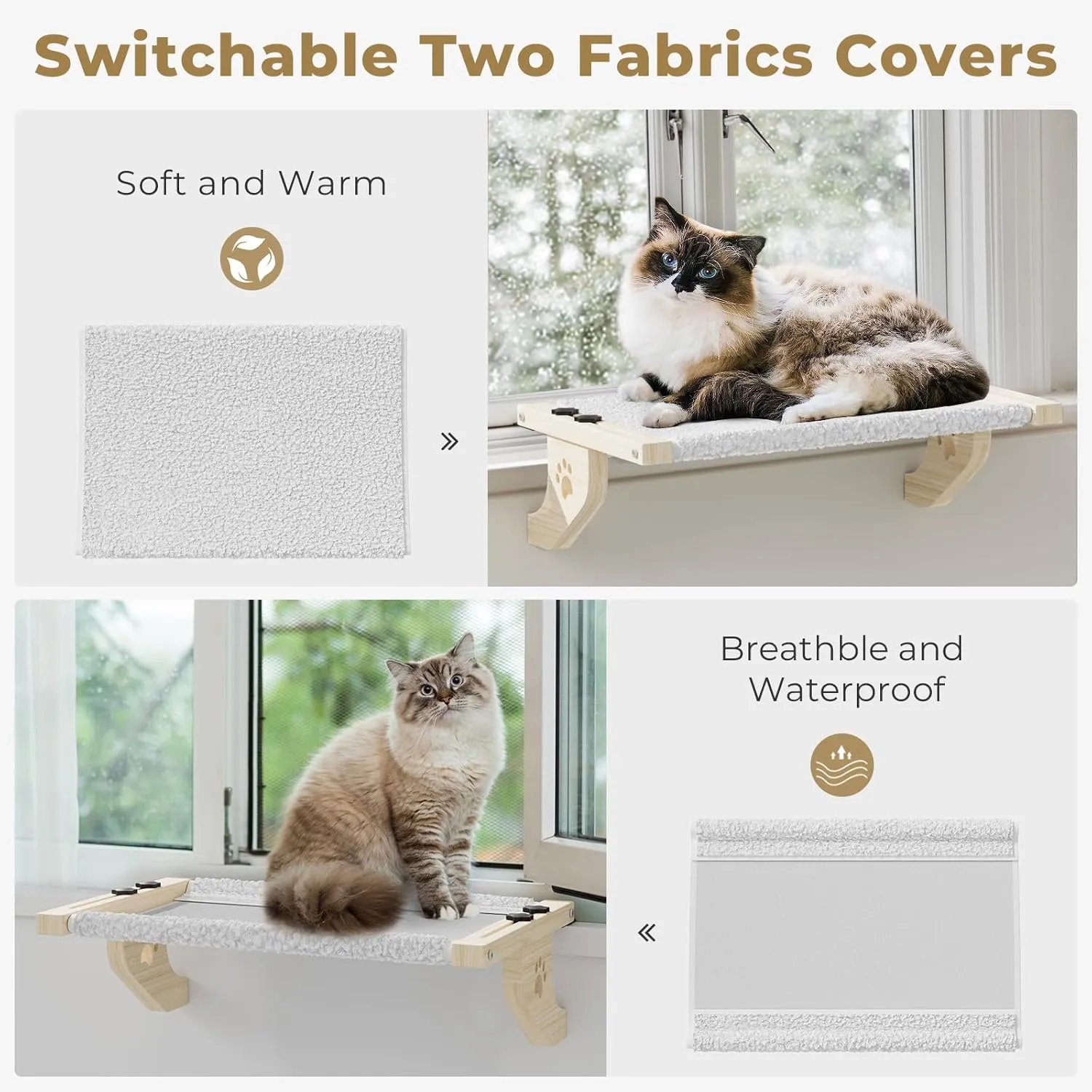 Cat Window Perch With Wood & Metal Frame for Large Cats - Adjustable Hammock for Windowsill, Bedside, Drawer and Cabinet (24.4'' - White Plush)