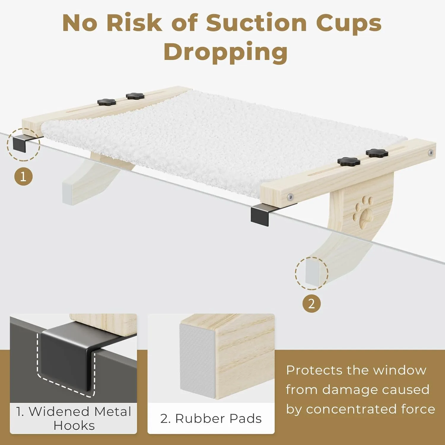 Cat Window Perch With Wood & Metal Frame for Large Cats - Adjustable Hammock for Windowsill, Bedside, Drawer and Cabinet (24.4'' - White Plush)