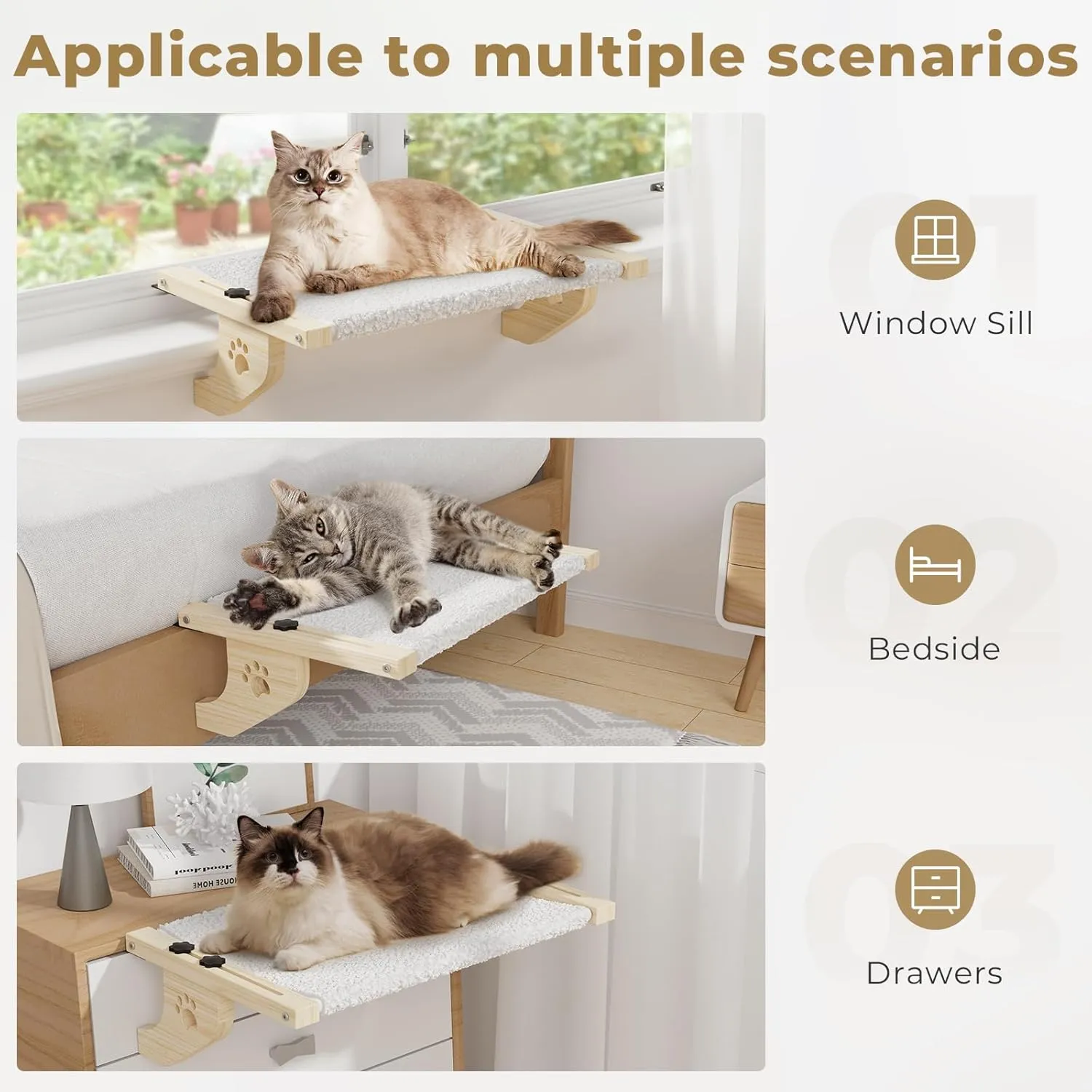 Cat Window Perch With Wood & Metal Frame for Large Cats - Adjustable Hammock for Windowsill, Bedside, Drawer and Cabinet (24.4'' - White Plush)