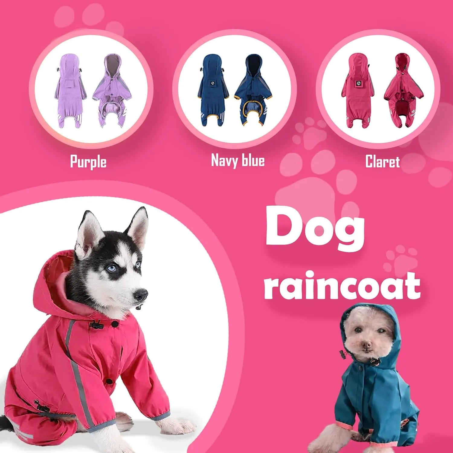 Claret Dog Raincoat with Hat - Lightweight, Waterproof Jacket for Small Puppies, Reflective Strip