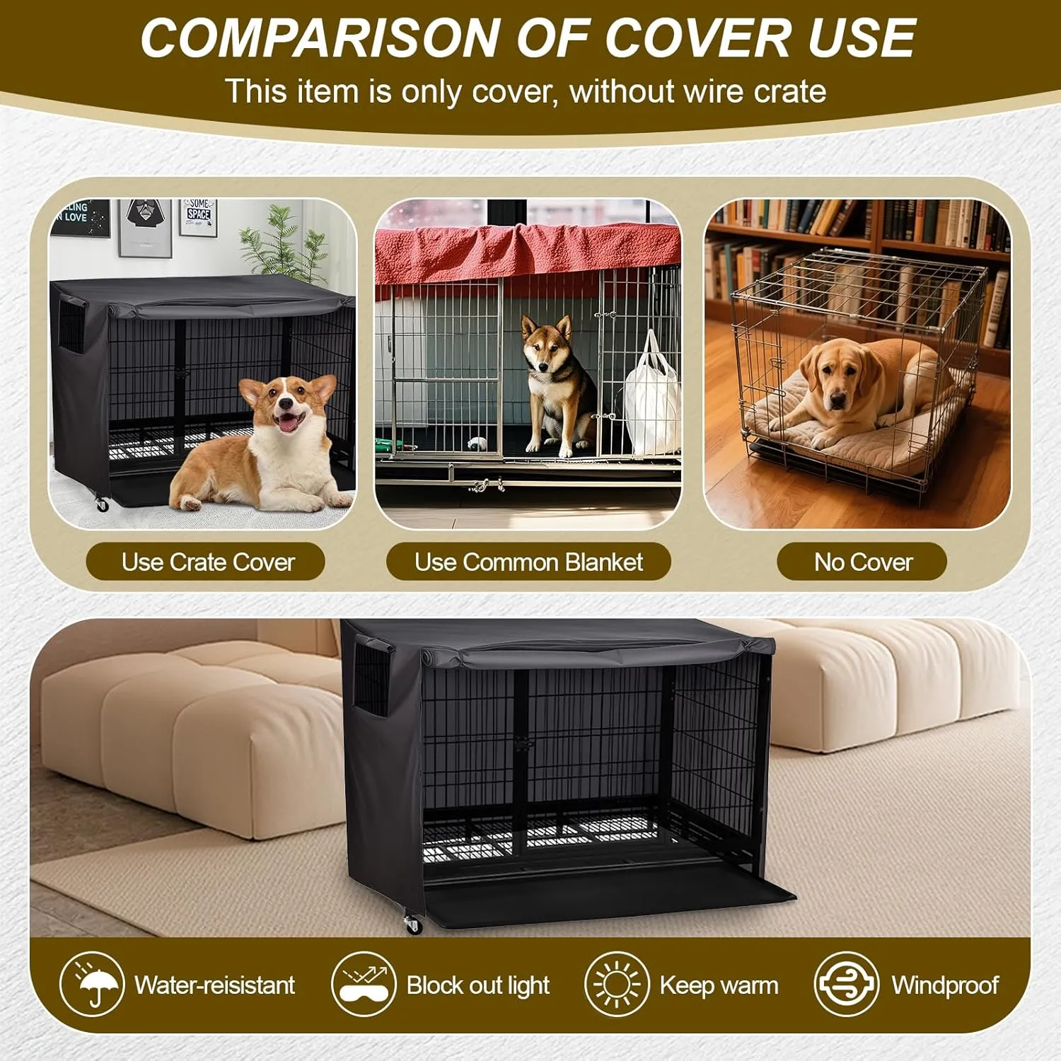 Dog Crate Cover 42 Inch Heavy Duty Durable 600D Polyester Insulated Dog Kennel Cover for Dog Cage, Dog Cage Cover Fit for Most Wire Pet Crates (ONLY Cover)