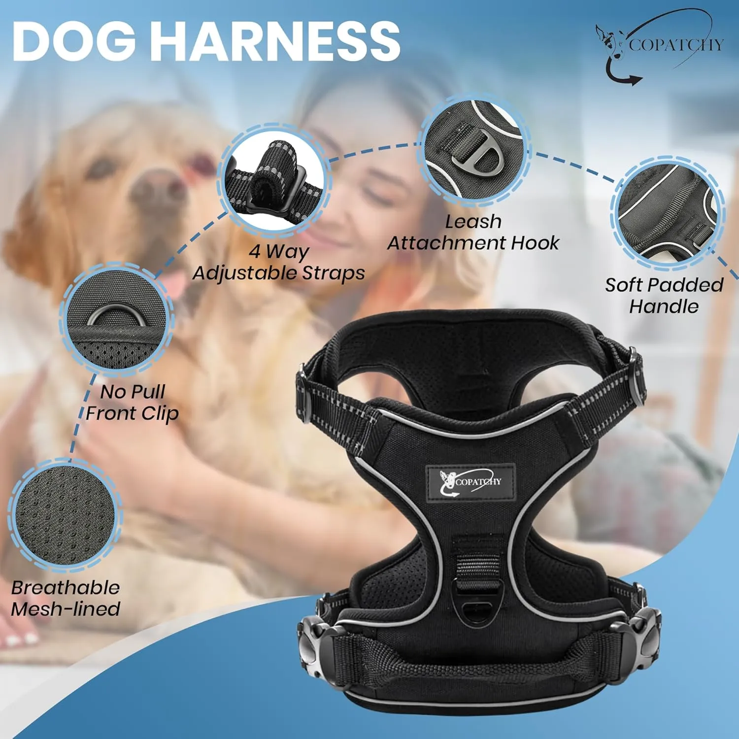 Dog Harness No-Pull Pet Harness Adjustable Outdoor Vest 3M Reflective Oxford Material Easy Control for All Sized Dogs (Medium, Black)
