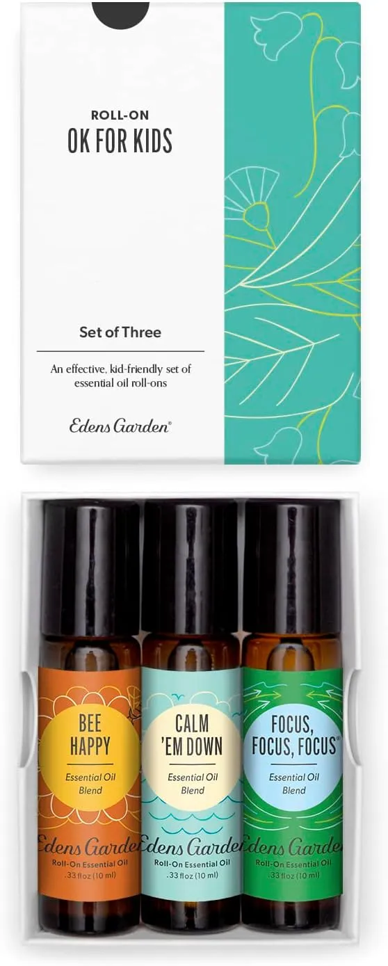 Edens Garden OK For Kids Essential Oil Roll-On 3 Set 100% Pure Therapeutic Grade, Natural Aromatherapy Blends Gentle & Pre-Diluted, Includes Bee Happy, Calm 'Em Down & Focus, 10 ml Roll-On/ 3 Pack
