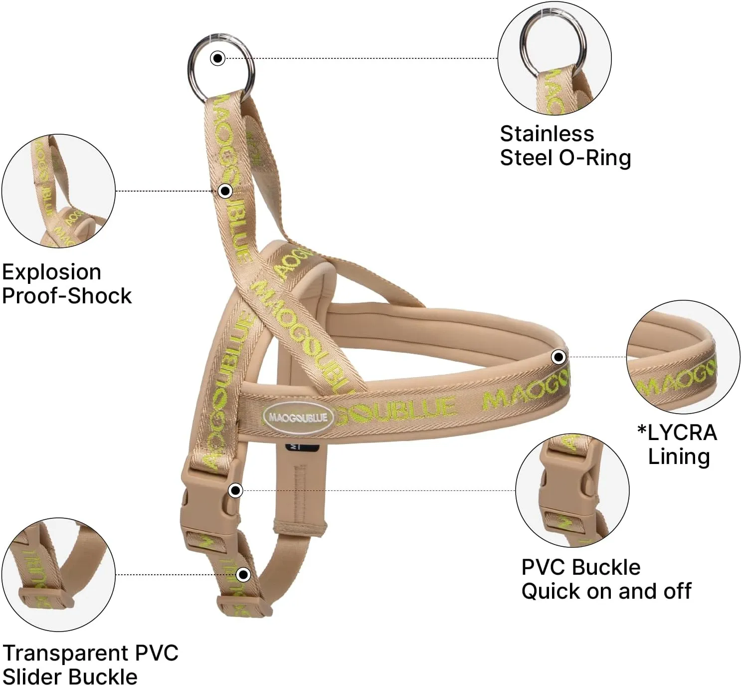 Escape-Proof Dog Harness with No-Choke Comfortable Lycra Fabric Vest and Quick-Release Buckle Easy Control Handle for Medium Dogs, Easy for Training Walking (Khaki, Medium)