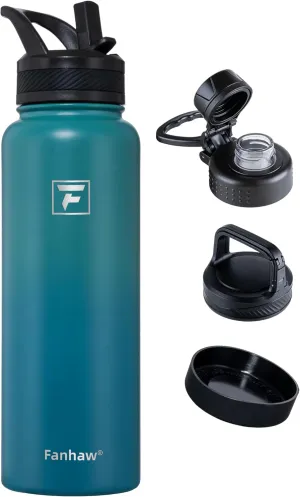 Fanhaw 40 oz Stainless Steel Insulated Water Bottle With 3 Lids (Straw, Spout and Carabiner Lid) - Double Walled Travel Thermal Canteen Mug (Green Blue)