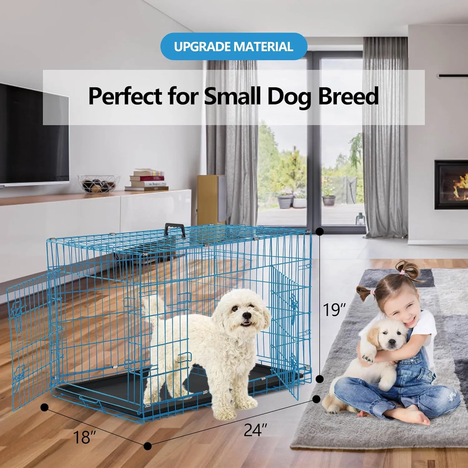 Foldable Dog Crate, 24 Inch, Blue, Portable, Easy to Clean, Safe and Secure Construction, Ideal for Travel and Indoor Use
