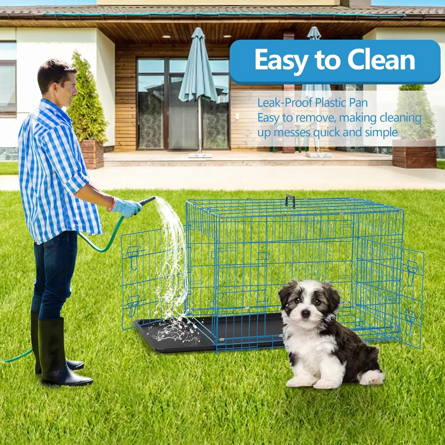 Foldable Dog Crate, 24 Inch, Blue, Portable, Easy to Clean, Safe and Secure Construction, Ideal for Travel and Indoor Use