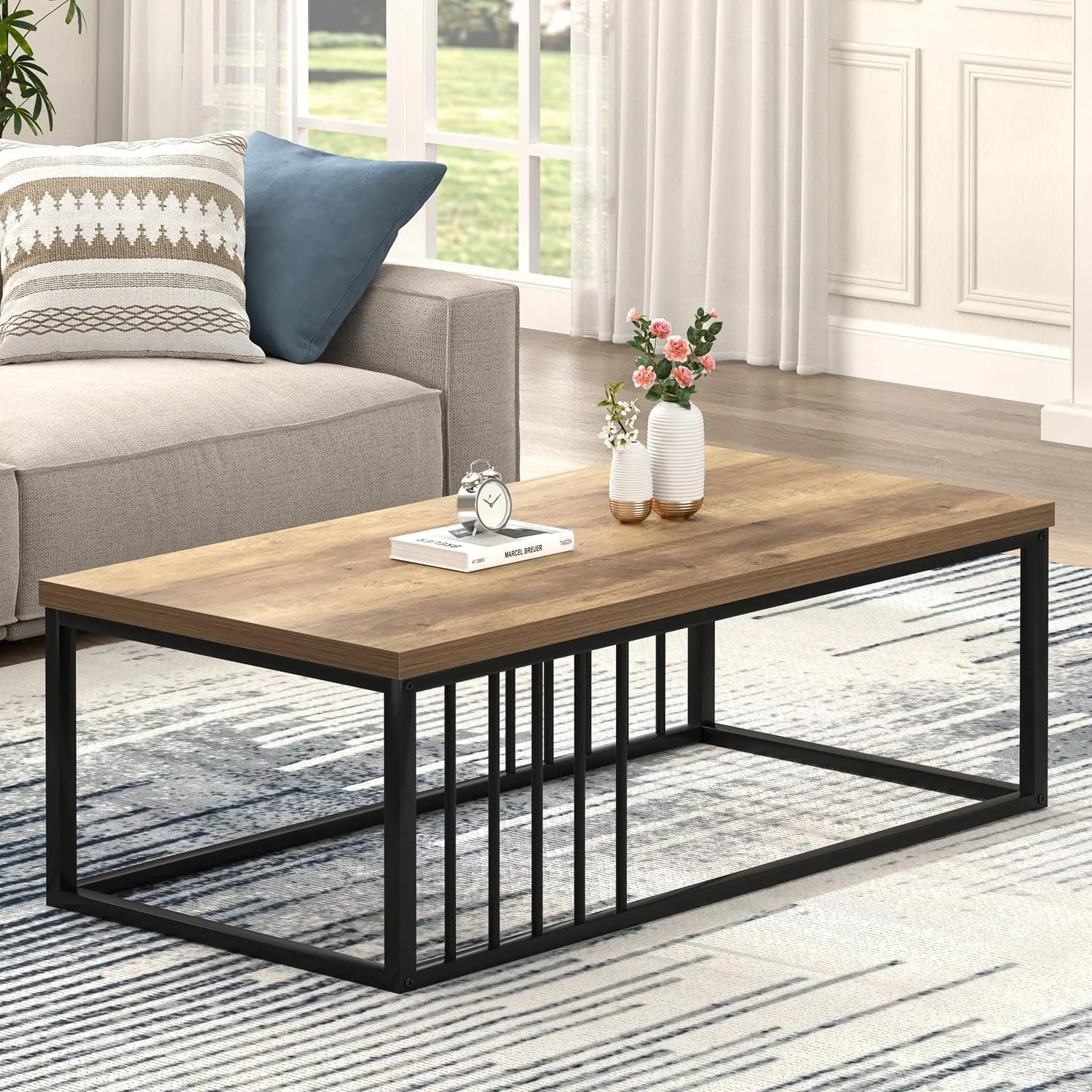 FOLUBAN Modern Coffee Table, Minimalist Wood and Metal Center Table for Living Room, Rustic Oak, 43.3 Inch