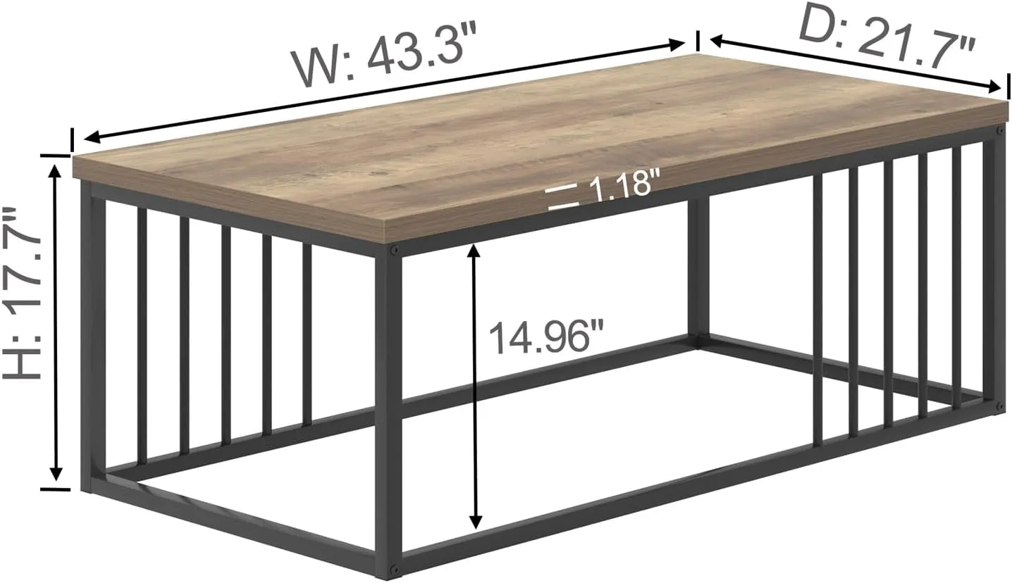 FOLUBAN Modern Coffee Table, Minimalist Wood and Metal Center Table for Living Room, Rustic Oak, 43.3 Inch