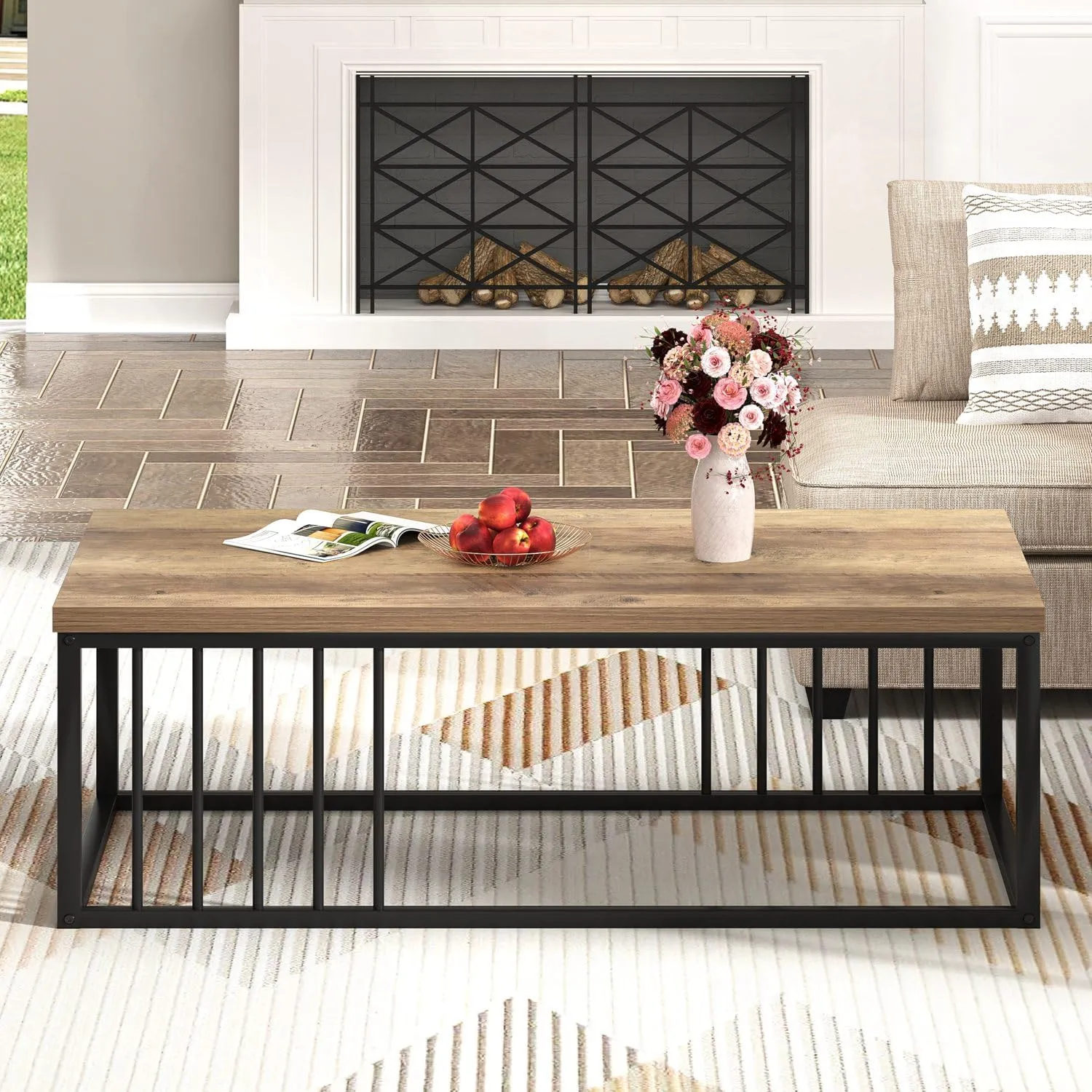 FOLUBAN Modern Coffee Table, Minimalist Wood and Metal Center Table for Living Room, Rustic Oak, 43.3 Inch