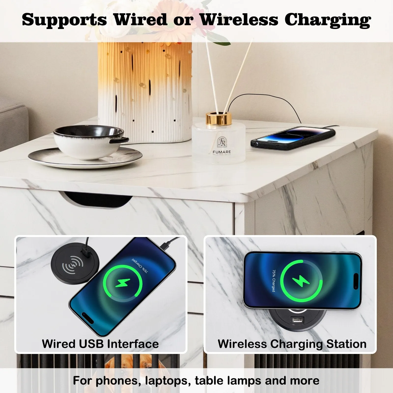 Furniture Style Dog Crate with Wired and Wireless Charging-White