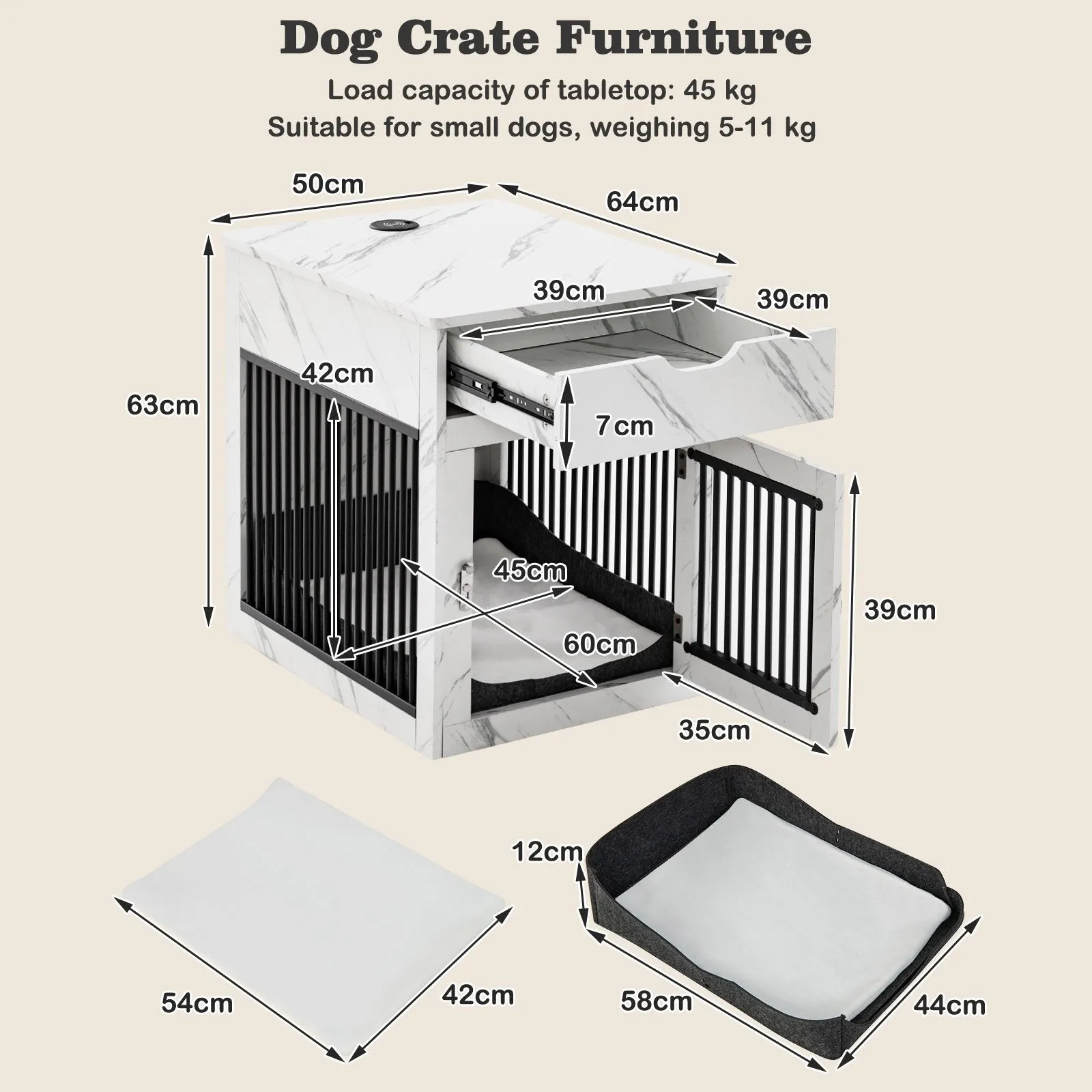 Furniture Style Dog Crate with Wired and Wireless Charging-White