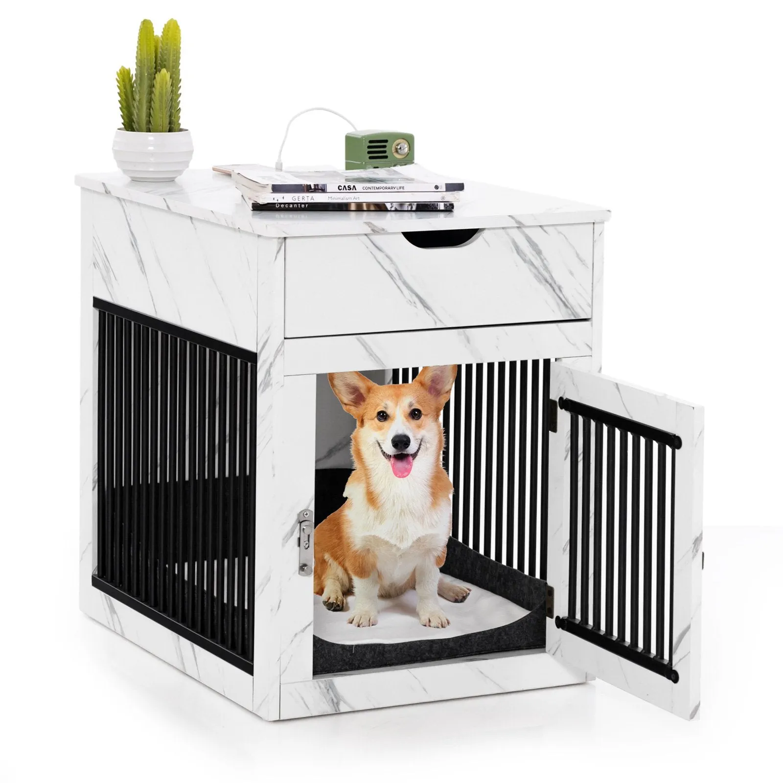 Furniture Style Dog Crate with Wired and Wireless Charging-White
