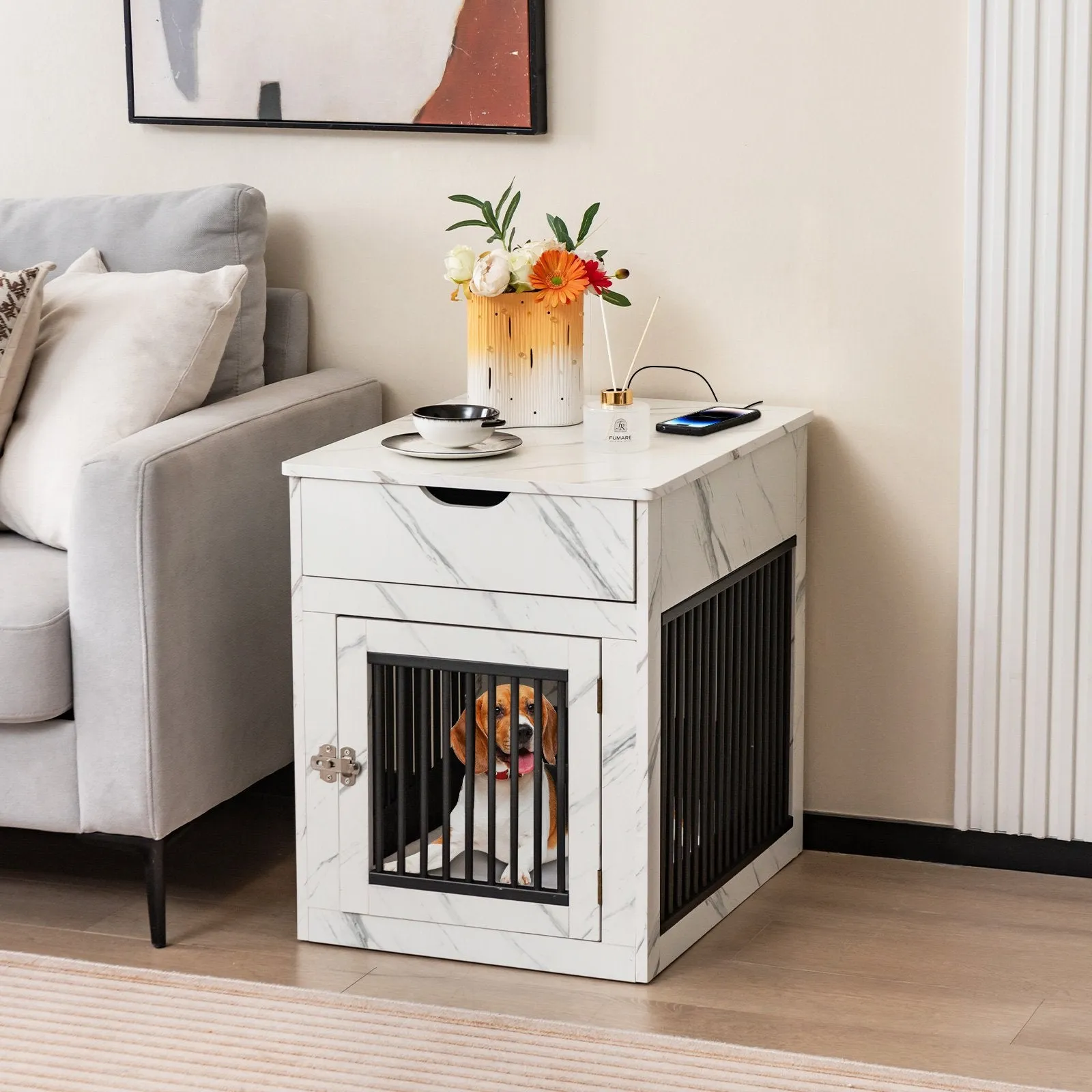 Furniture Style Dog Crate with Wired and Wireless Charging-White