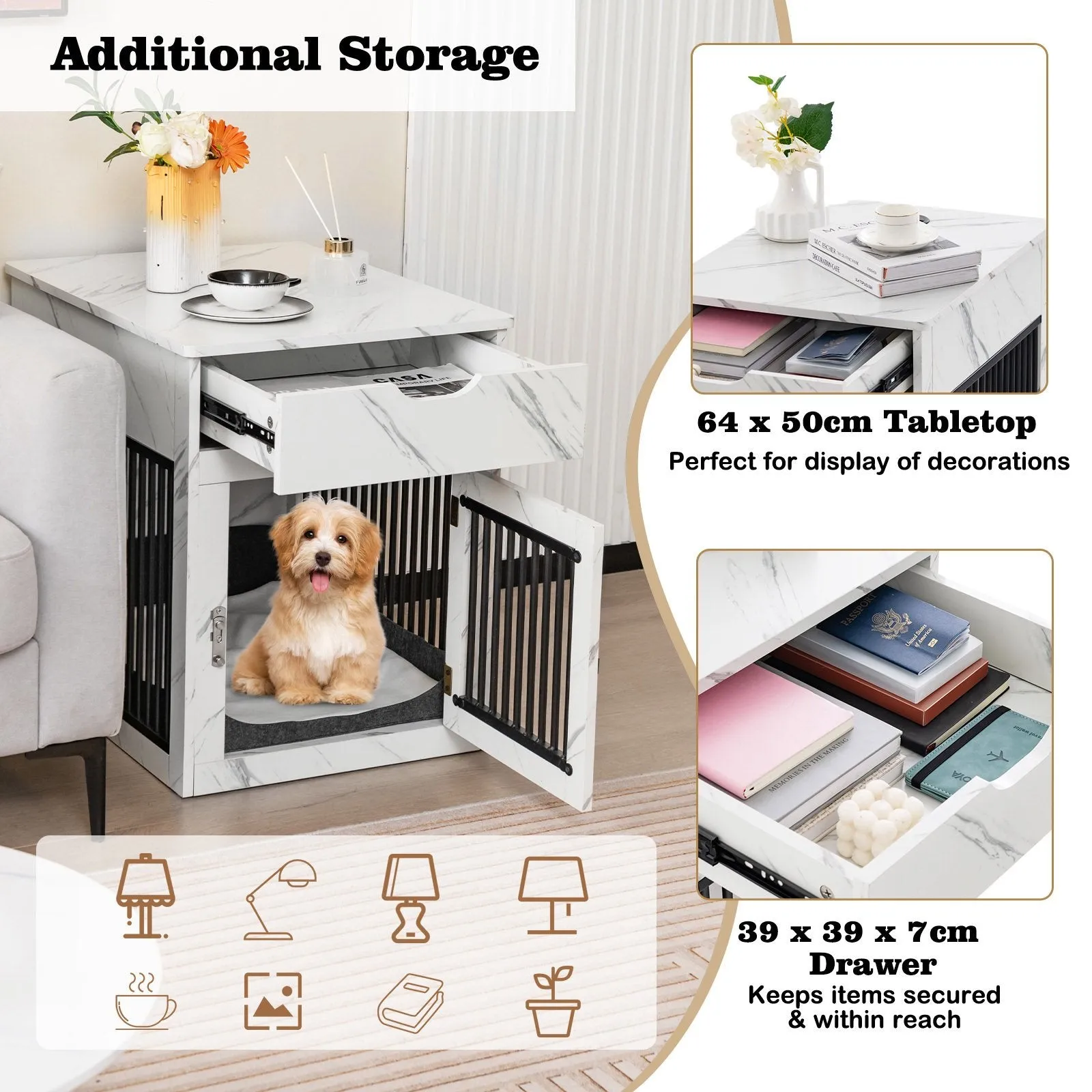 Furniture Style Dog Crate with Wired and Wireless Charging-White