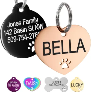 GoTags Stainless Steel Pet ID Tags with Paw Cutout, Personalized Dog Tags and Cat Tags, up to 6 Lines of Custom Text, Engraved on Both Sides in Bone, Round, and Heart (Heart, Regular)