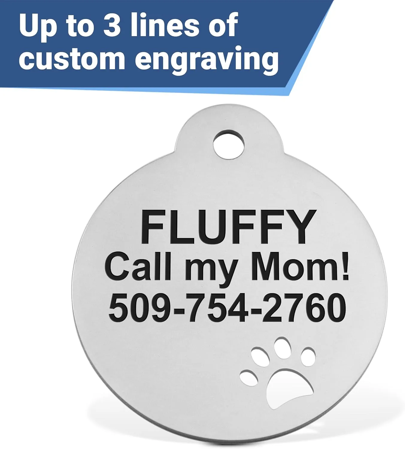 GoTags Stainless Steel Pet ID Tags with Paw Cutout, Personalized Dog Tags and Cat Tags, up to 6 Lines of Custom Text, Engraved on Both Sides in Bone, Round, and Heart (Heart, Regular)