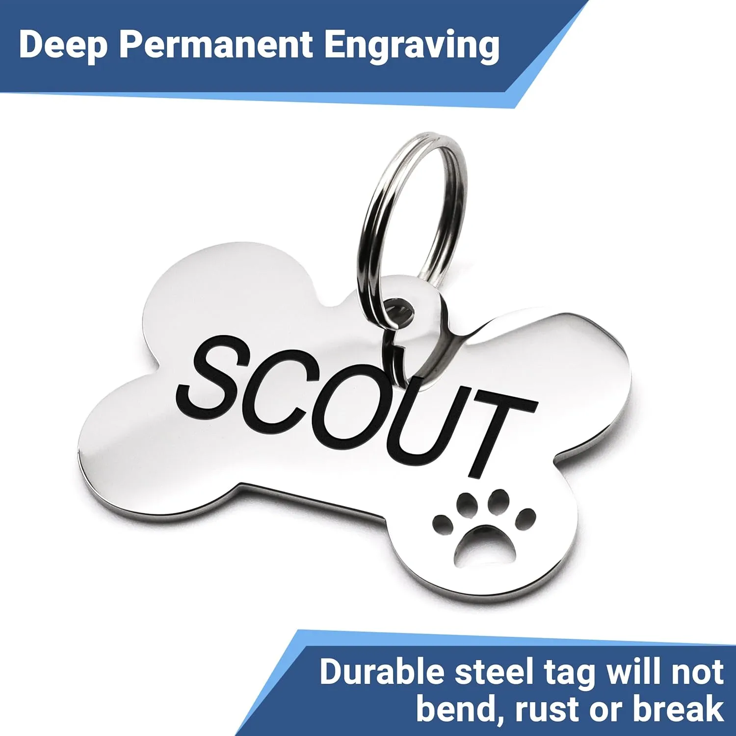 GoTags Stainless Steel Pet ID Tags with Paw Cutout, Personalized Dog Tags and Cat Tags, up to 6 Lines of Custom Text, Engraved on Both Sides in Bone, Round, and Heart (Heart, Regular)