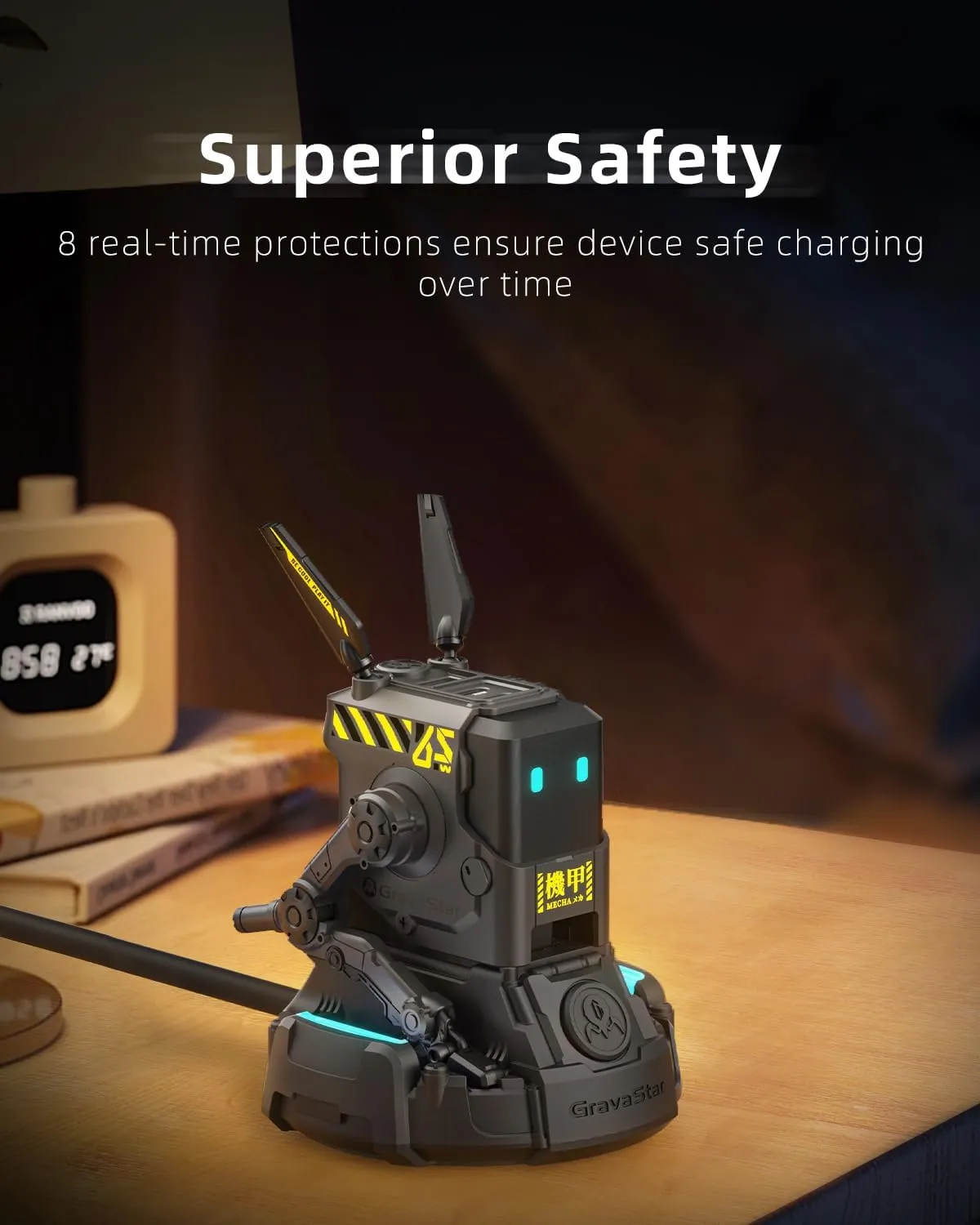 GravaStar 65W USB C Charger, Alpha65 Robot Fast GaN Charger Block, 3-Port Fast Charger, Foldable Wall USB C Charger for iPhone, MacBook, iPad, Laptop, Steam Deck, Gifts for Men (65W, Gray)