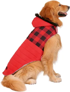 HDE Dog Puffer Jacket Fleece Lined Warm Dog Parka Winter Coat with Harness Hole Buffalo Plaid - L