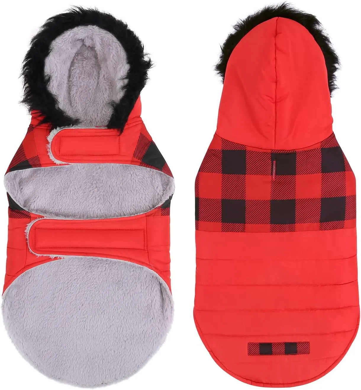 HDE Dog Puffer Jacket Fleece Lined Warm Dog Parka Winter Coat with Harness Hole Buffalo Plaid - L