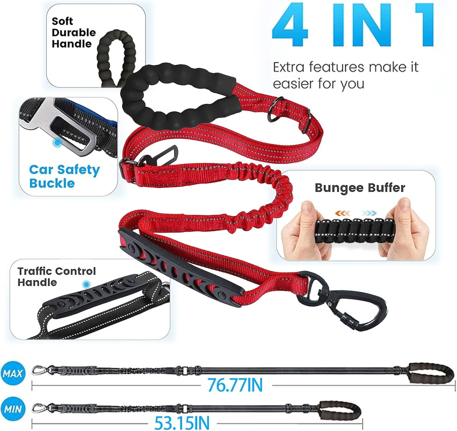 Heavy Duty Dog Leash Adjustable 4-6FT Shock Absorbing Reflective That Non-Slip with Soft Padded Handle and Car Seat Belt for Small Dogs Training Tactical and Running (Red)