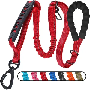 Heavy Duty Dog Leash Adjustable 4-6FT Shock Absorbing Reflective That Non-Slip with Soft Padded Handle and Car Seat Belt for Small Dogs Training Tactical and Running (Red)