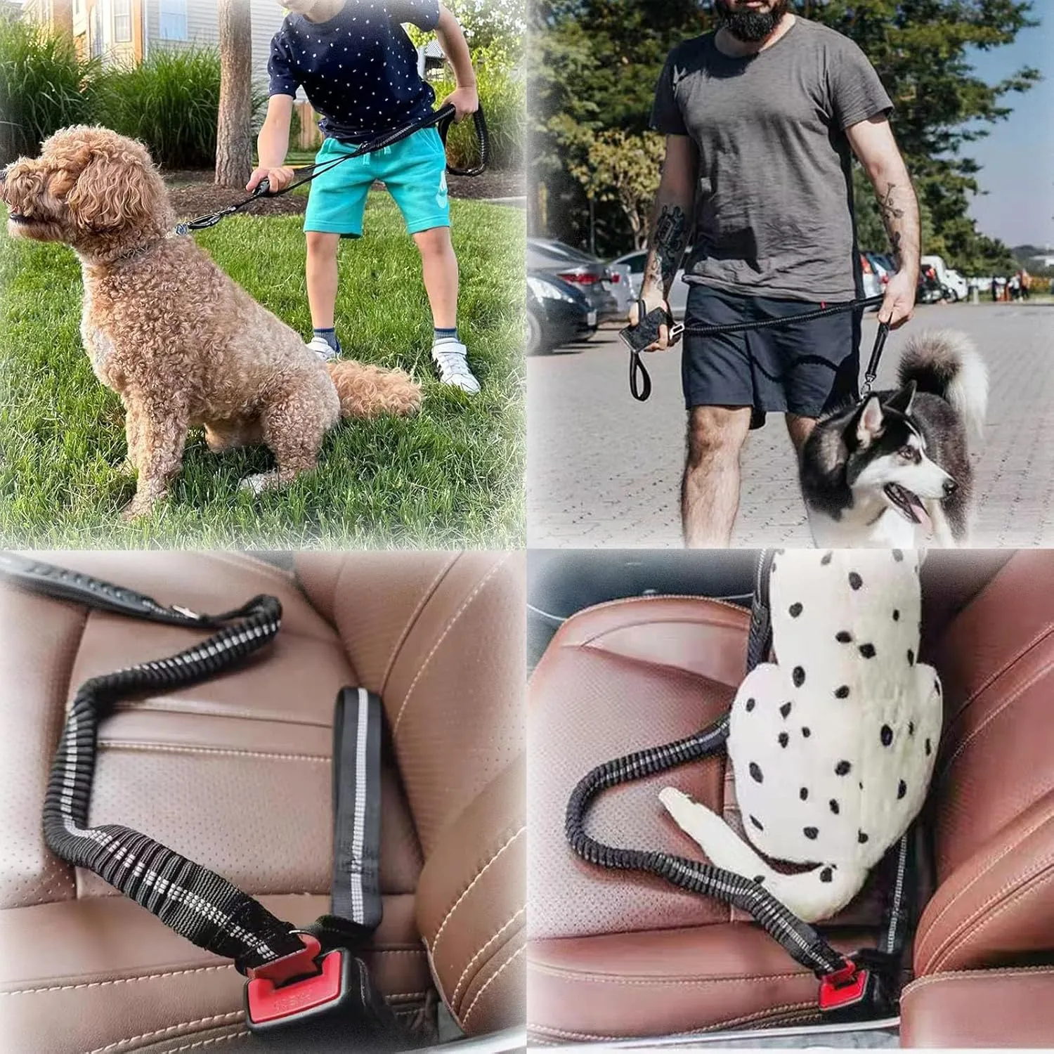 Heavy Duty Dog Leash Adjustable 4-6FT Shock Absorbing Reflective That Non-Slip with Soft Padded Handle and Car Seat Belt for Small Dogs Training Tactical and Running (Red)