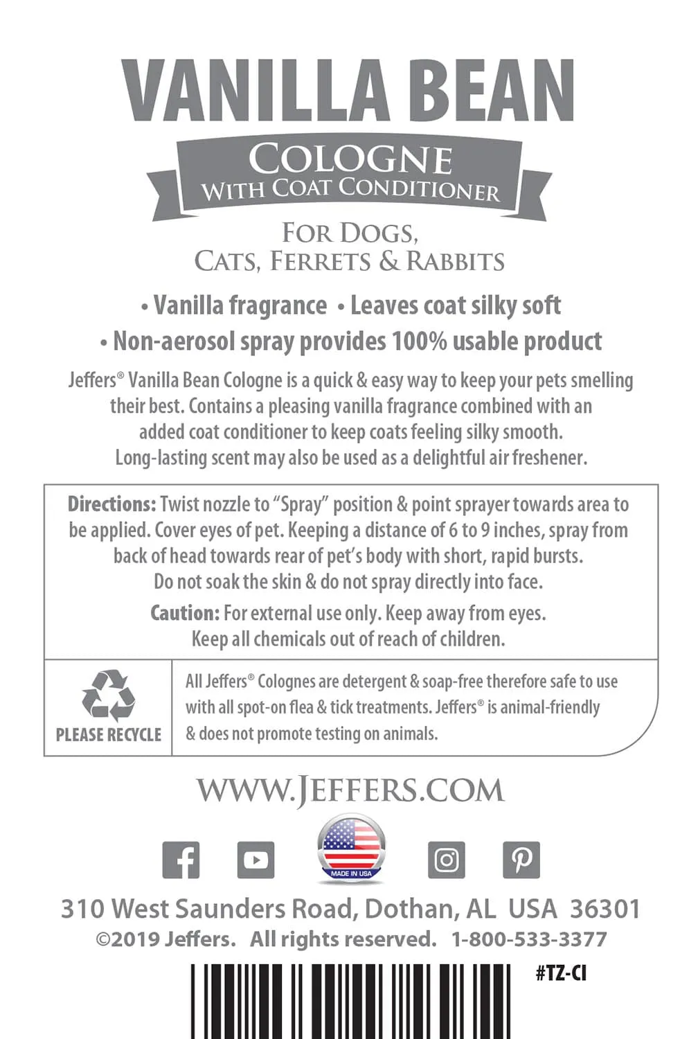 Jeffers Pet Colognes w/ Coat Conditioner, 16 oz Spray