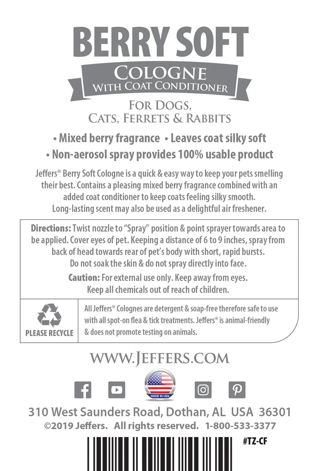 Jeffers Pet Colognes w/ Coat Conditioner, 16 oz Spray
