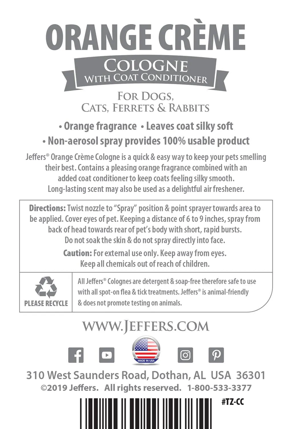 Jeffers Pet Colognes w/ Coat Conditioner, 16 oz Spray