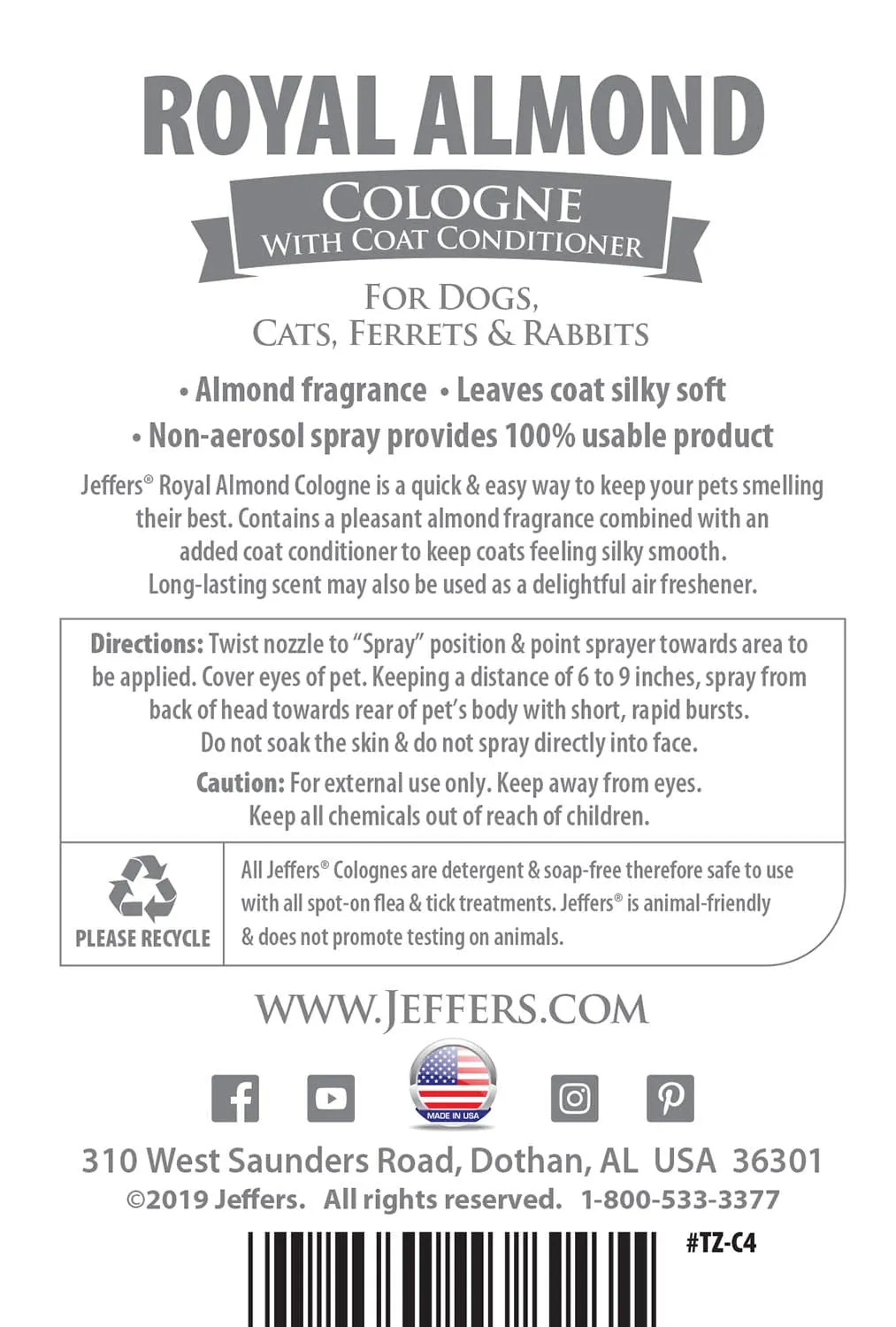 Jeffers Pet Colognes w/ Coat Conditioner, 16 oz Spray