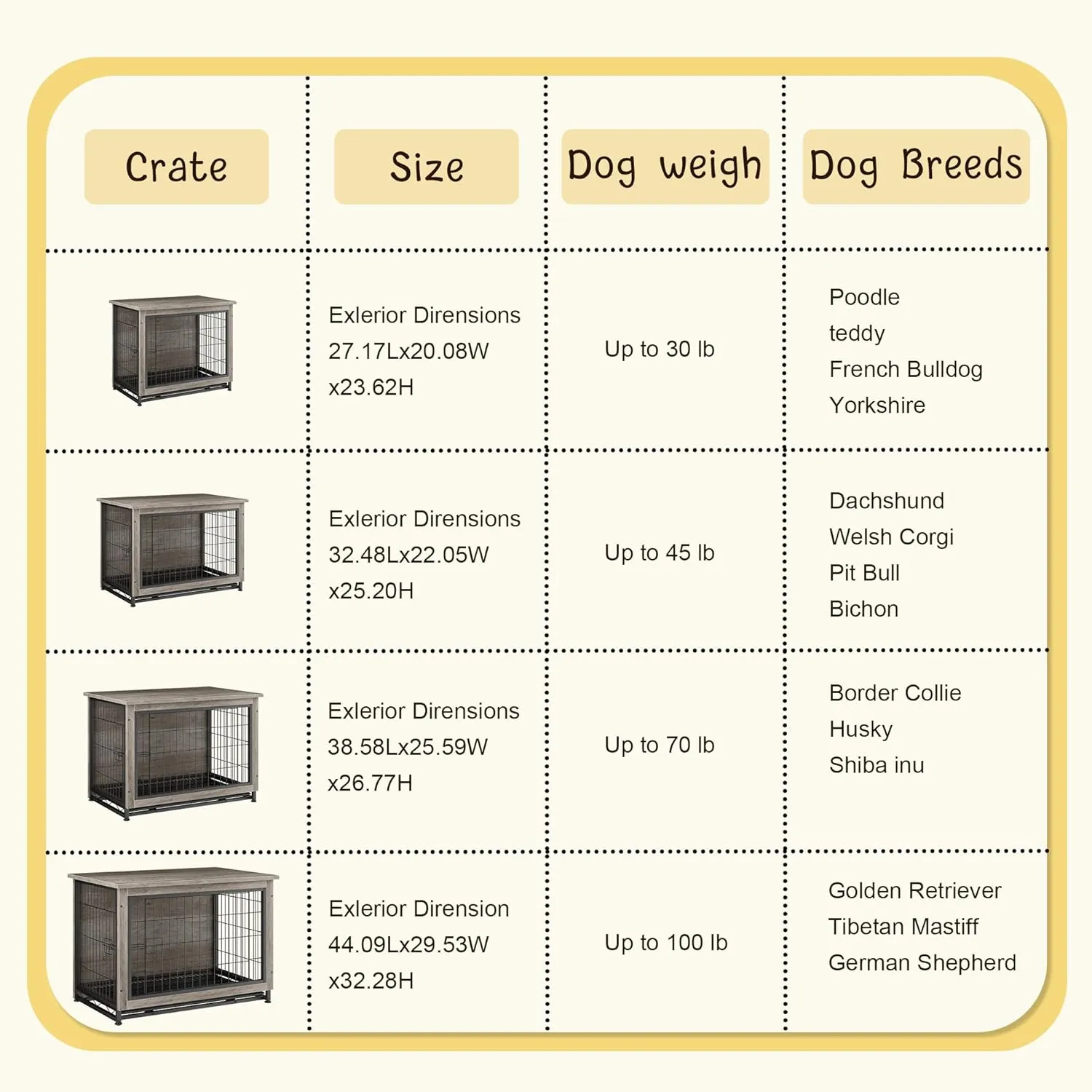 JY QAQA Wooden Crate Furniture, Double-Doors Indoor Kennel Table, Dog House, Cage/Grey/M